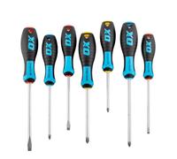 OX Pro 7pc Screwdriver Set - Both Phillips, Flat Head & Pozi Drive Options | Colour Coded Handles, Magnetic Tips, Chrome Vanadium Steel, Soft Grip - Comes Complete with an Ultra Tough Plastic Case