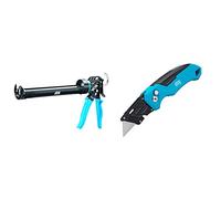 OX Pro Heavy Duty Sealant Gun 400ml & P224301 Pro Heavy Duty Fixed Blade Folding Knife, Blue/Black