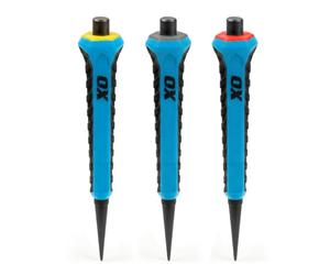 OX Pro Nail Punch Set 3pc | 0.8, 1.6, 2.4mm | Colour-Coded | Anti-Roll | Nail Punch 3pc for Countersinking & Finishing - Forged Hardened Steel, Hex Anti-Roll, Colour-Coded