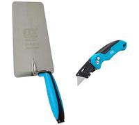 OX PRO Series Plasterers/Builders Carbon Steel Bucket Trowel with Dura grip Soft handle- 7” Large & P224301 Pro Heavy Duty Fixed Blade Folding Knife, Blue/Black