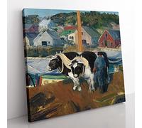 Ox Team, Matinicus Wharf by George Bellows Classic Painting Canvas Wall Art Print Ready to Hang, Framed Picture for Living Room Bedroom Home Office Décor, 35x35 cm (14x14 Inch)