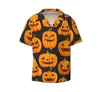 OXbnmm Halloween Pumpkin Patterns Printing Men's Fashion Summer Shirts Sleeve Button Cuban Hawaiian Shirt Vacation Black