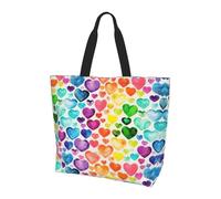 OXbnmm Rainbow Hearts Printed Large Tote Bag For Women, Reusable Shoulder Bags With Pocket, Lightweight Handbag For Vacation, Pool, Gym