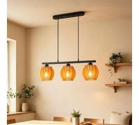 OXENKA 3-Light Pendant Light, 60W Wooden Lantern Ceiling Pendant Lights, Vintage Linear Hanging Lamp, E27 Base Hanging Fixture for Kitchen Island Dining Room Living Room, Bulbs Not Included