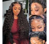 Oxeyegirl 24 Inch 200 Density 13x4 Lace Frontal Wig Water Wave Human Hair Wig for Black Women Glueless Curly Wig Human Hair Pre Plucked with Baby Hair Natural Hairline Brazilian Real Hair Wigs(61cm)