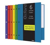 Oxford 2 Pocket Folders, Sturdy Plastic Portfolio, 3 Hole Punch, Letter Size, Asstd. Colors (Blue, Green, Yellow, Orange, Red, Purple), 6 Pack (14187)