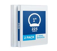 Oxford 3 Ring Binders, 1 Inch, 2 Pack, White, Holds 225 Sheets, Round Ring Binder, PVC Free, Customizable Covers, 2 Pocket Three Ring Binders for School, Home, and Office Organization