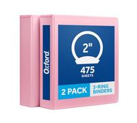 Oxford 3 Ring Binders, 2 Inch, 2 Pack, Pink, Holds 475 Sheets, Round Ring Binder, PVC Free, Customizable Covers, 2 Pocket Three Ring Binders for School, Home, and Office Organization