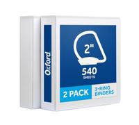 Oxford 3 Ring Binders, 2 Inch, 2 Pack, White, Holds 540 Sheets, Non-Stick, PVC-Free, Customizable Covers, 2 Pocket Three Ring Binders for School, Home, and Office Organization