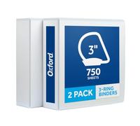 Oxford 3 Ring Binders, 3 Inch, 2 Pack, White, Holds 750 Sheets, Non-Stick, PVC-Free, Customizable Covers, 2 Pocket Three Ring Binders for School, Home, and Office Organization