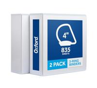 Oxford 3 Ring Binders, 4 Inch, 2 Pack, White, Holds 835 Sheets, Non-Stick, PVC-Free, Customizable Covers, 2 Pocket Three Ring Binders for School, Home, and Office Organization