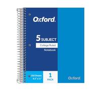 Oxford 5 Subject Spiral Notebook, Notebooks for School, Plastic Covers, Back to School Supplies, College Ruled, 200 Sheets, 1 Pack, Bright Blue (1009294)