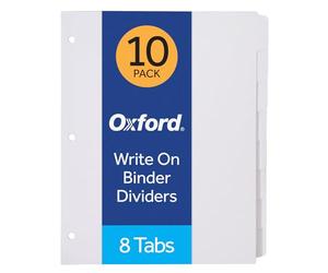 Oxford Blank Write On Binder Dividers, 1/8 Cut Tabs, 3 Hole Punch Dividers in 8 Tab Sets, 80 Dividers, 10 Sets, White (89982)