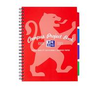 Oxford Campus A4 Project Notebook with Dividers, Wirebound, 8 mm Lined with Margin, 200 Pages, Pack of 1, Optik Paper+, Red