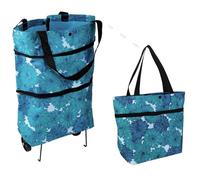 Oxford cloth shopping bag, supermarket trolley with two lightweight folding wheels, reusable, large capacity portable shoulder backpack, essential shopping bag for home (Indigo)
