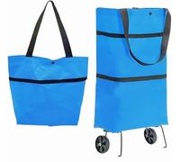 Oxford Collapsible Trolley, Folding Shopping Bag with Rubber Wheels, Reusable Shopping Cart for Supermarket, Capacity Bag (Blue)