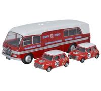 Oxford Diecast 76BMC003 BMC Car Transporter & Two Minis BMC Competitions Dept