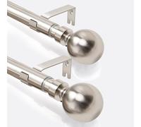 Oxford Homeware 2 Pack Extendable Curtain Poles for eyelet curtains 120-210cm Durable Plain Ball Curtain Pole Set Includes Curtain Rod Finials Rings Brackets & Fittings (Brushed Silver)