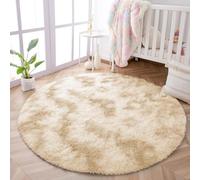 Oxford Homeware Round Rugs Living Room 120x120 CM - Tie-Dye Cream Area Rugs for Bedroom Non Slip - Modern Super Soft Plush Carpets Fluffy Shaggy Rug for Lounge - Non Shedding Bedside Rug for Kids Room