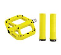 Oxford MTB Grip & Pedal Set - Lock-On Grips + Loam 2.0 Nylon Flat Pedals | Mountain Bike Components, Colour-Matched Pair - Yellow - Trail Riding, Enduro Biking, Enhanced Grip & Control
