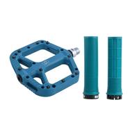 Oxford MTB Grip & Pedal Set - Lock-On Grips + Loam 2.0 Nylon Flat Pedals | Mountain Bike Components, Colour-Matched Pair - Blue - Trail Riding, Enduro Biking, Enhanced Grip & Control