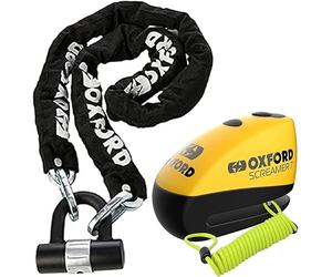 Oxford OF159 H D Motorbike Chain Lock + Screamer 7 Alarm Disc Lock Yellow/Black LK290 + Free Reminder Cable 1.5M