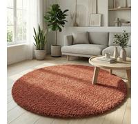 Oxford Plain Soft Thick Shaggy Living Room Round Rug, Terracotta, 120cm