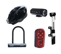 Oxford Rider Starter Bundle - Mini Pump, Lock, Lights, F15 Helmet - Black/White S/M - 5-Piece Bike Kit for Commuters & Beginners