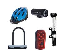 Oxford Rider Starter Bundle - Mini Pump, Lock, Lights, F15 Helmet - Blue/White S/M - 5-Piece Bike Kit for Commuters & Beginners
