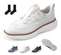 Oxford Ridge Leather Sneakers for Men, Lightweight Breathable Woven Upper Lace-Up Sneakers, Arch Support, Wide-Toe Fit Dress Shoes (White,44EU)