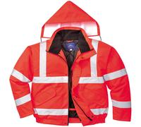 Portwest S463 Mens Hi Vis Winter Bomber Jacket Waterproof Windproof Mens Winter Workwear Padded Pack Away Hood Reflective Tape Cold Weather Coat, Red, XL