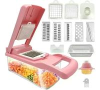 OXFUZZ Kitchen Gadgets Multifunctional Vegetable Cutter Manual Food Chopper Potato Shredder Slicer Gadget-12-in-1 Pink White