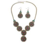 Oxidized Vintage Round Hollow Red Blue Turquoise Pendant Statement Retro Necklace Dangle Earrings Bohemian Traditional Exotic Jewelry Set for Women Ethnic Boho Indian Belly Dance Costume Accessories