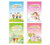 Oxinome Copybook, 4Pcs Magic Grooved Writing Practice Copybook, Children's Magic Calligraphy Copybooks That Can Be Reused, Learn to Write Number Letter, For Preschoolers Kindergarte (English 1 Set)