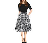 oxiuly Women's Vintage Patchwork Pockets Puffy Swing Casual Party Dress OX165, Bk-xiaoplaid, Small