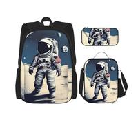 OXKGHHO Astronaut On The Moon Print Work Backpack Set With Insulated Lunch Box,Adjustable Straps,For Gym,And Everyday Use, Black, One Size