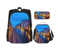 OXKGHHO Spain Water City Print Work Backpack Set With Insulated Lunch Box,Adjustable Straps,For Gym,And Everyday Use, Black, One Size