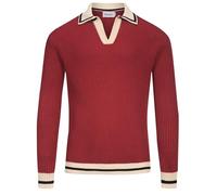 OXKNIT Knit Long Sleeve Polo Shirts for Men, 1960s Mod Style Retro Dark Red V-Neck Pullover Sweater with Beige Collar, Dark Red, Medium