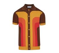 OXKNIT Men's Casual Polo Shirts Mod Style 1960s Button Down Knitted Cardigan Short Sleeve Soft Comfortable Big Tall, Vintage lines - brown and yellow, L