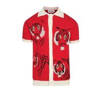 OXKNIT Men's Knitted Vintage Polo Shirt, 1960s Mod Style V-Neck Retro Polo Animal Pattern Shirt with Button Red, Red, XL