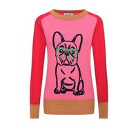 OXKNIT Women's Knitted Shirts Long Sleeve Retro French Bulldog Jacquard Color Block Casual Cotton Tops, Hot Pink, XL