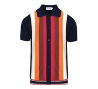 OXKnitstore OXKNIT Men's Casual 1960s Mod Style Stripe Knitted Retro Polo Shirt, Soft, Comfortable, Available in Big & Tall, B-navy Blue, XL