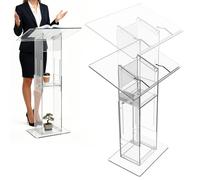 OXMART Clear Acrylic Podium Stand Portable, 33.5"-44.5" Adjustable Height Lectern Podium Stand for Church, Weddings, Classroom, Speech, Presentation Podiums, Pulpit Podium with Storage Shelf
