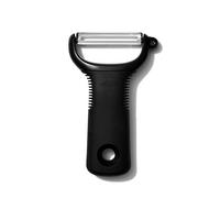 OXO Good Grips Y Peeler | Rubber non-slip handle cushions hands to reduce fatigue during repetitive prep tasks; features an integrated eye cutter.