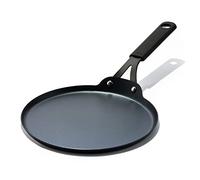 OXO Obsidian Pre-Seasoned Carbon Steel, 10" Crepe and Pancake Griddle Pan with Removable Silicone Handle Holder, Induction, Oven Safe, Black