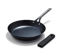 OXO Obsidian Pre-Seasoned Carbon Steel, 12" Frying Pan Skillet with Removable Silicone Handle Holder, Induction, Oven Safe, Black