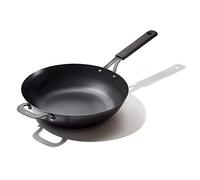 OXO Obsidian Pre-Seasoned Carbon Steel, 12" Wok Pan with Removable Silicone Handle Holder, Induction, Oven Safe, Black