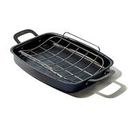 OXO Obsidian Pre-Seasoned Carbon Steel 15"""" x 10.5"""" Roasting Pan with Stainless Steel Roaster Rack Induction Black