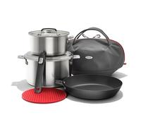 OXO Outdoor 8 Piece Camping Cookware Set, 10" Pre-Seasoned Carbon Steel Frying Pan Skillet, 2.25QT and 5QT Stainless Steel Saucepans with Lids, Removeable Handle, Trivet, Travel Bag, Space-Saving