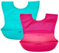 OXO Tot 2-Piece Waterproof Silicone Roll Up Bib with Comfort-Fit Fabric Neck, Pink/Teal